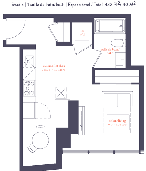 Floor plan for studio, 1 bath, 370 sqft
